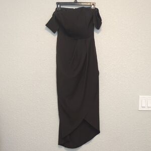 Luvalot black bardot off shoulder asymmetrical hem bodycon midi dress